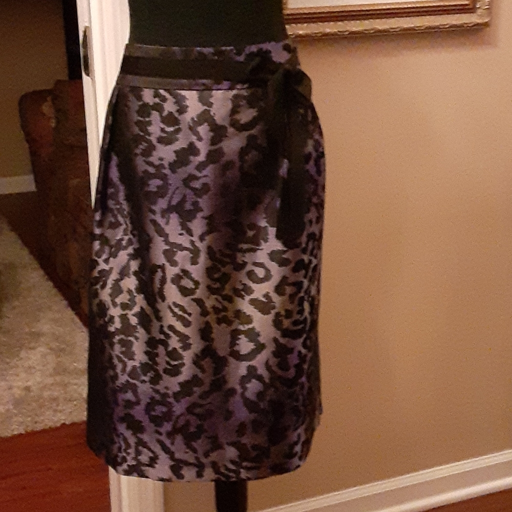 Peter Nygard black purple animal print skirt pleated ribbon trim lined 16 EUC…